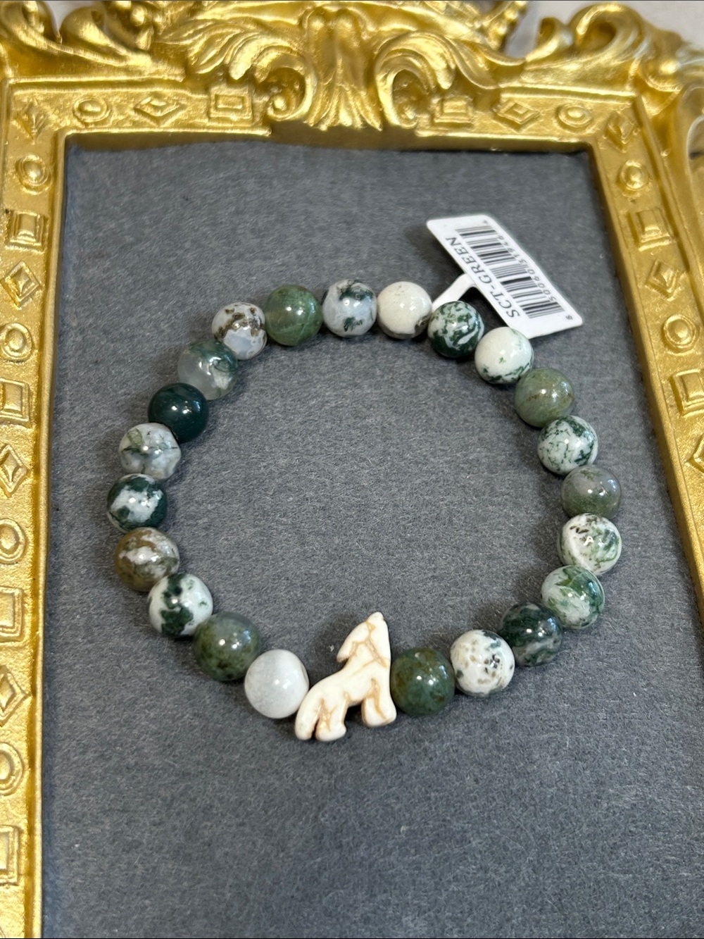 Moss Agate Beaded Stretch Bracelet with Howling Wolf Accent - Green & White